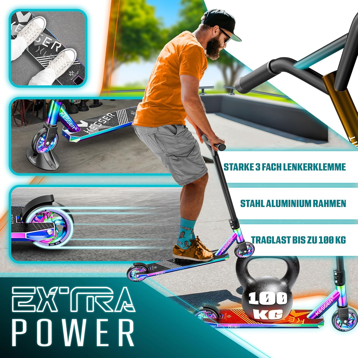 KESSER® Stunt Scooter – 360° Lenkung, ABEC‑9 Kugellager, 100 mm PU‑Räder