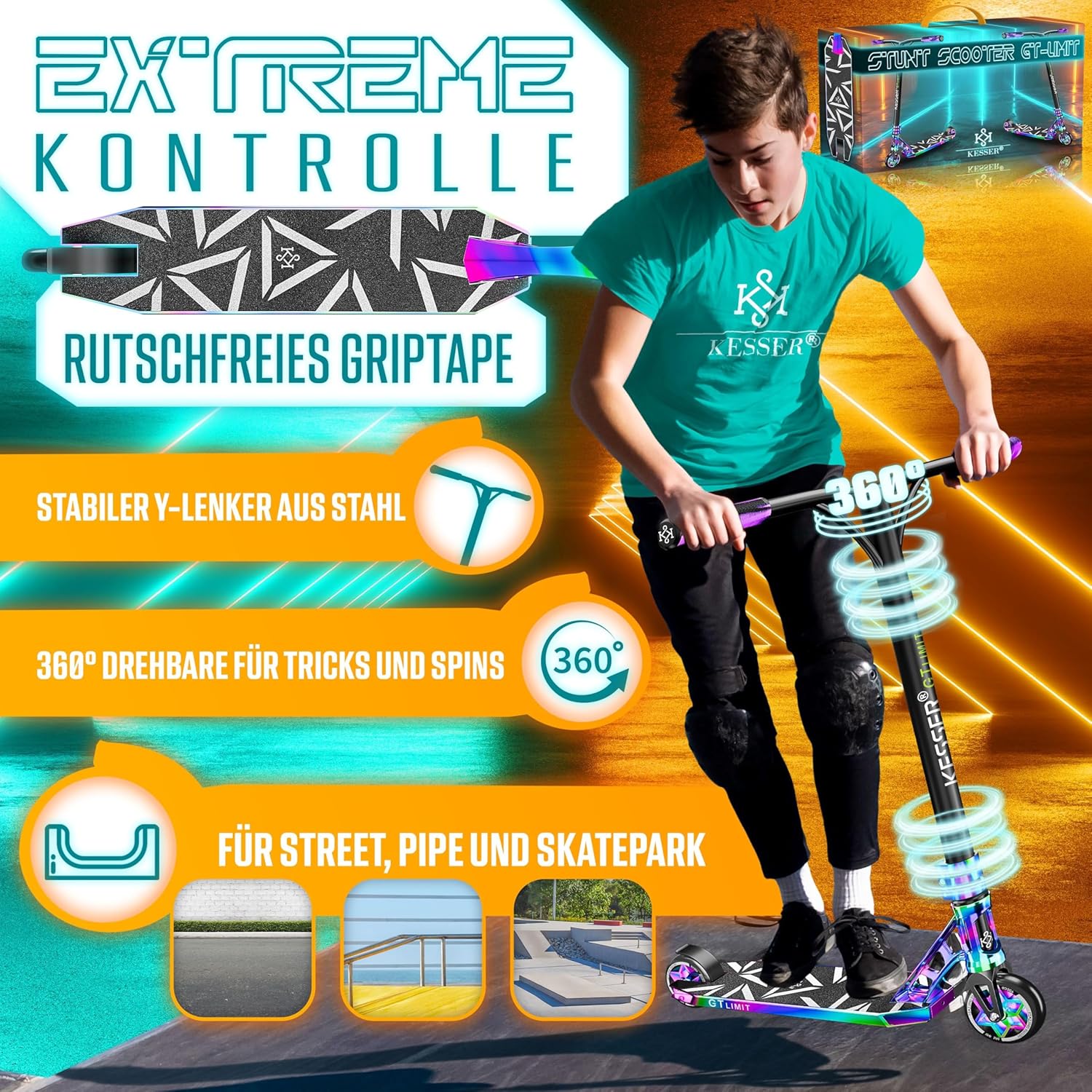 KESSER Stunt Scooter 360° Lenkung ABEC‑9 Kugellager 110 mm PU‑Räder