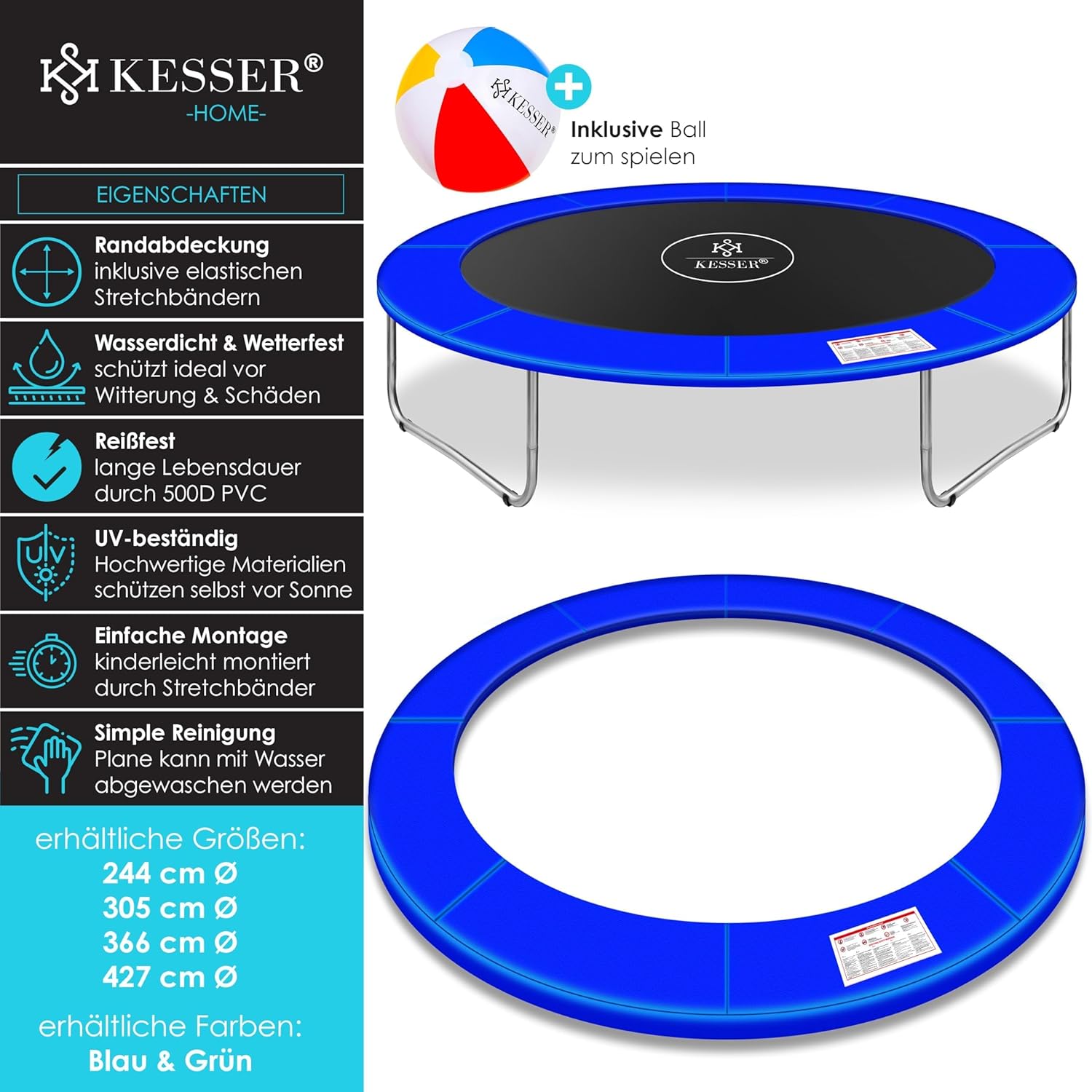 KESSER® Trampolin‑Randabdeckung 30 cm, UV‑beständig, reißfest, passend für Ø 244‑426 cm inkl. Beachball