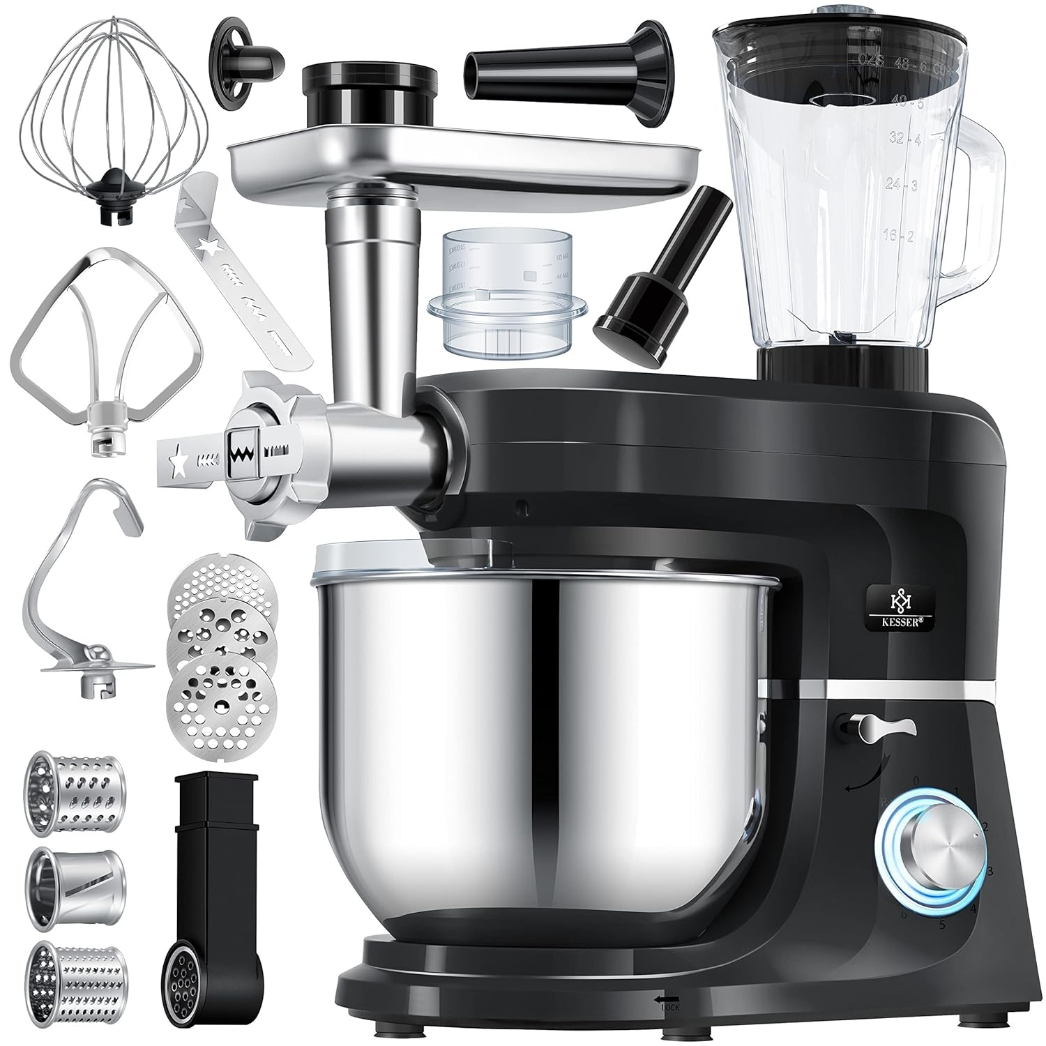 KESSER® Universal Küchenmaschine 3‑in‑1, 5,5 L Schüssel, Fleischwolf & Knetfunktion, 3‑Rührwerkzeuge