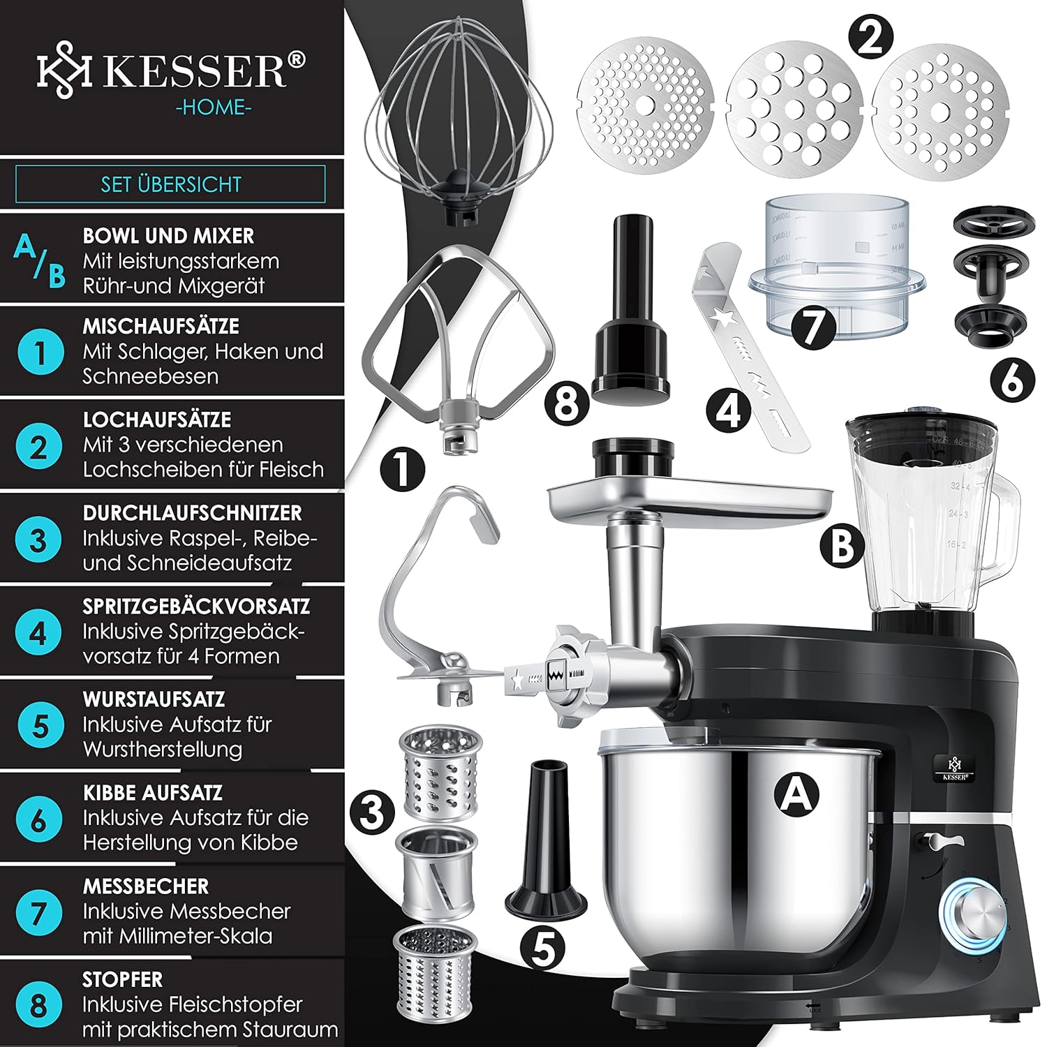 KESSER® Universal Küchenmaschine 3‑in‑1, 5,5 L Schüssel, Fleischwolf & Knetfunktion, 3‑Rührwerkzeuge