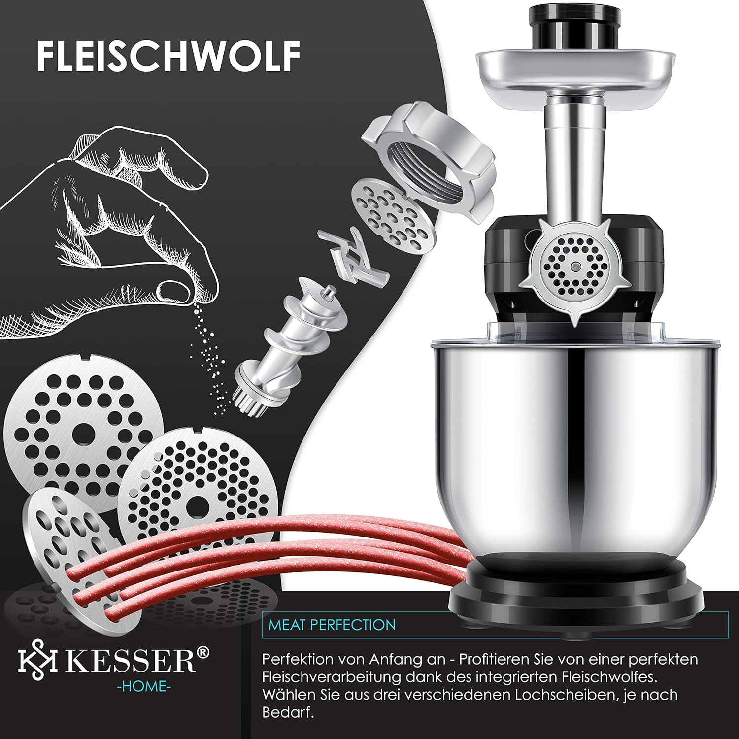 KESSER® Universal Küchenmaschine 3‑in‑1, 5,5 L Schüssel, Fleischwolf & Knetfunktion, 3‑Rührwerkzeuge