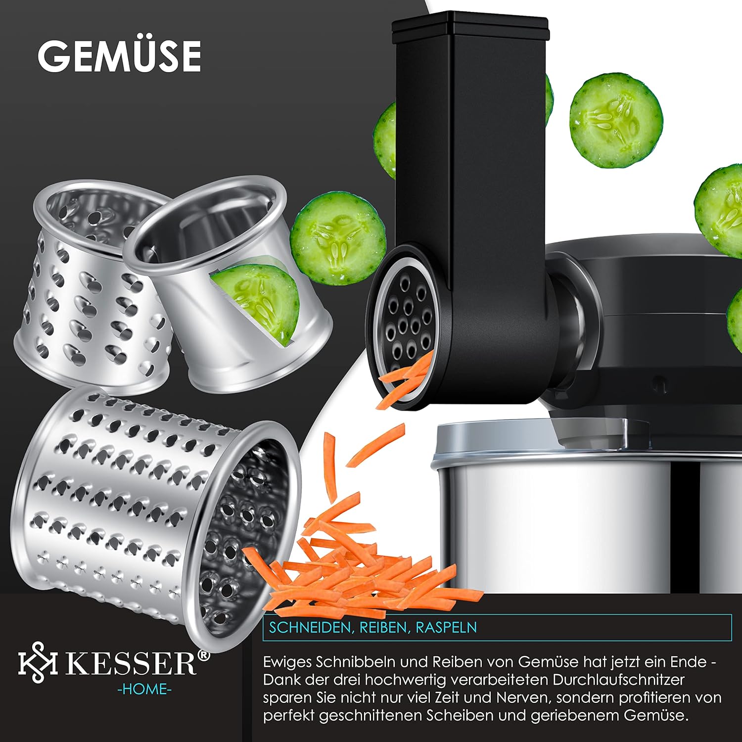 KESSER® Universal Küchenmaschine 3‑in‑1, 5,5 L Schüssel, Fleischwolf & Knetfunktion, 3‑Rührwerkzeuge