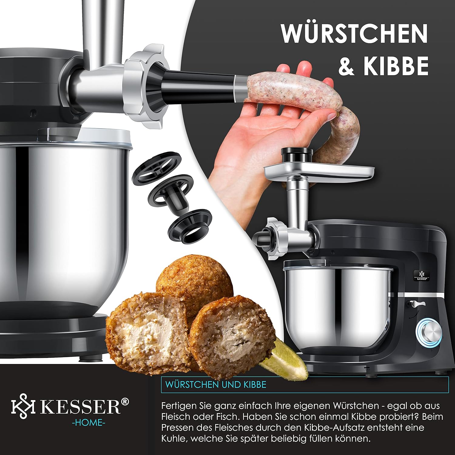 KESSER® Universal Küchenmaschine 3‑in‑1, 5,5 L Schüssel, Fleischwolf & Knetfunktion, 3‑Rührwerkzeuge
