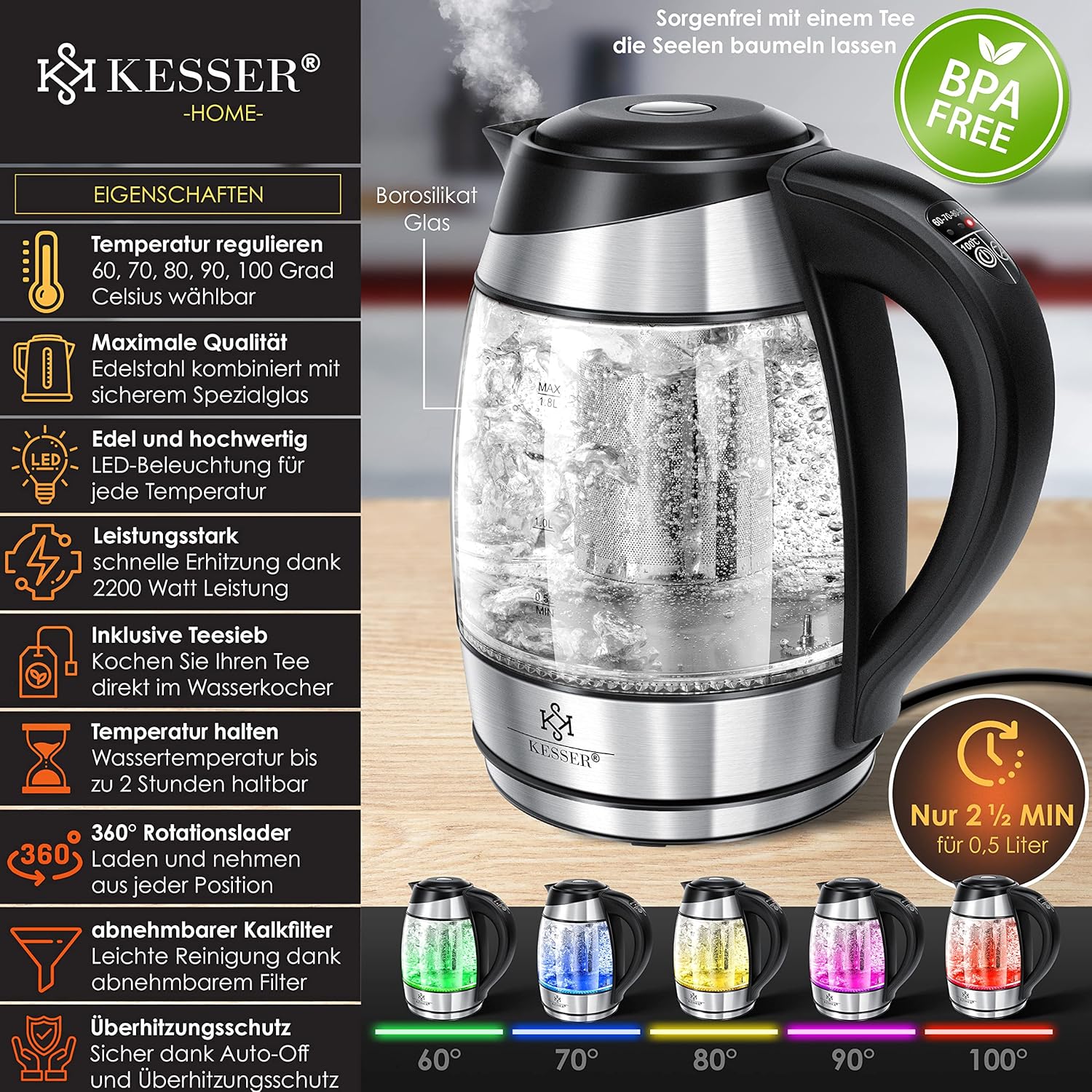 KESSER® Wasserkocher 1,8 L Edelstahl – LED‑Beleuchtung, Temperaturwahl 60‑100 °C, Teesieb/Kalkfilter