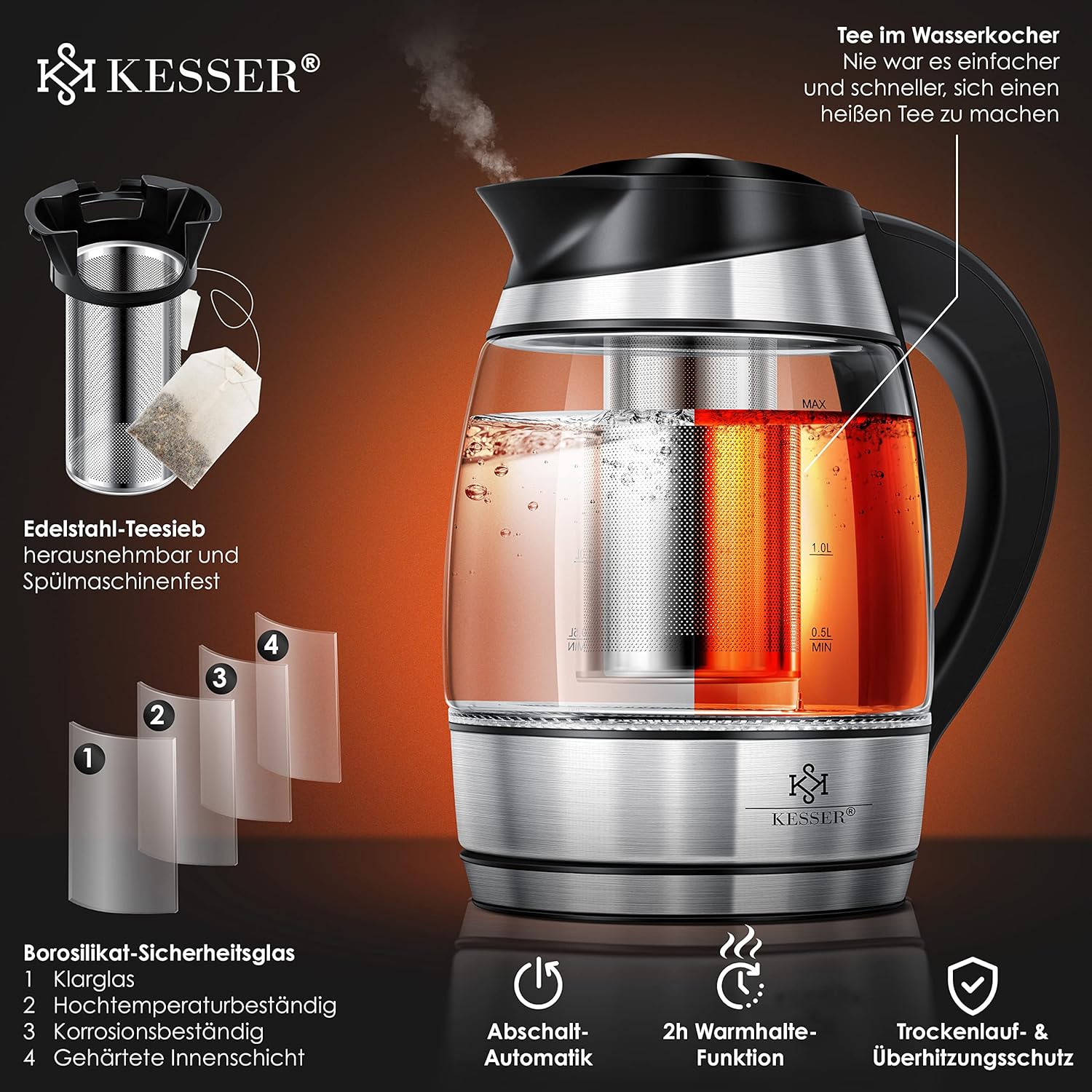 KESSER® Wasserkocher 1,8 L Edelstahl – LED‑Beleuchtung, Temperaturwahl 60‑100 °C, Teesieb/Kalkfilter
