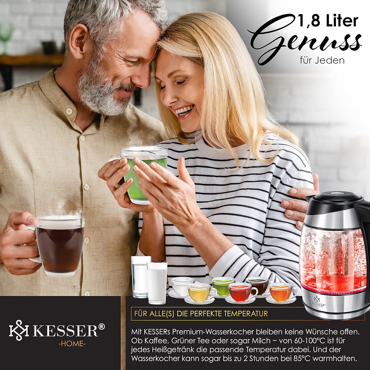 KESSER® Wasserkocher 1,8 L Edelstahl – LED‑Beleuchtung, Temperaturwahl 60‑100 °C, Teesieb/Kalkfilter