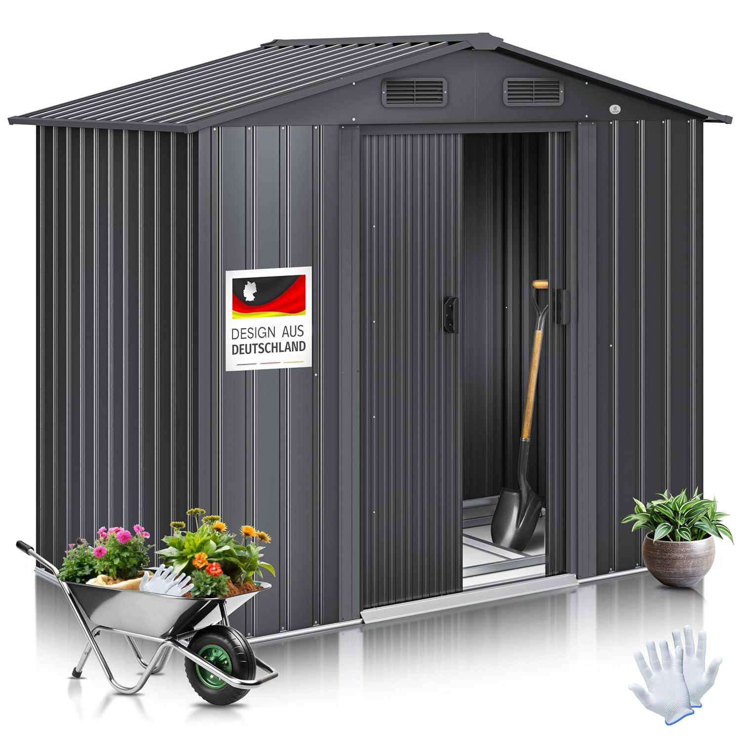 KESSER® XL Metall‑Gerätehaus 4,2 m³ – 2‑fach Schiebetür, Fundament inkl., Satteldach