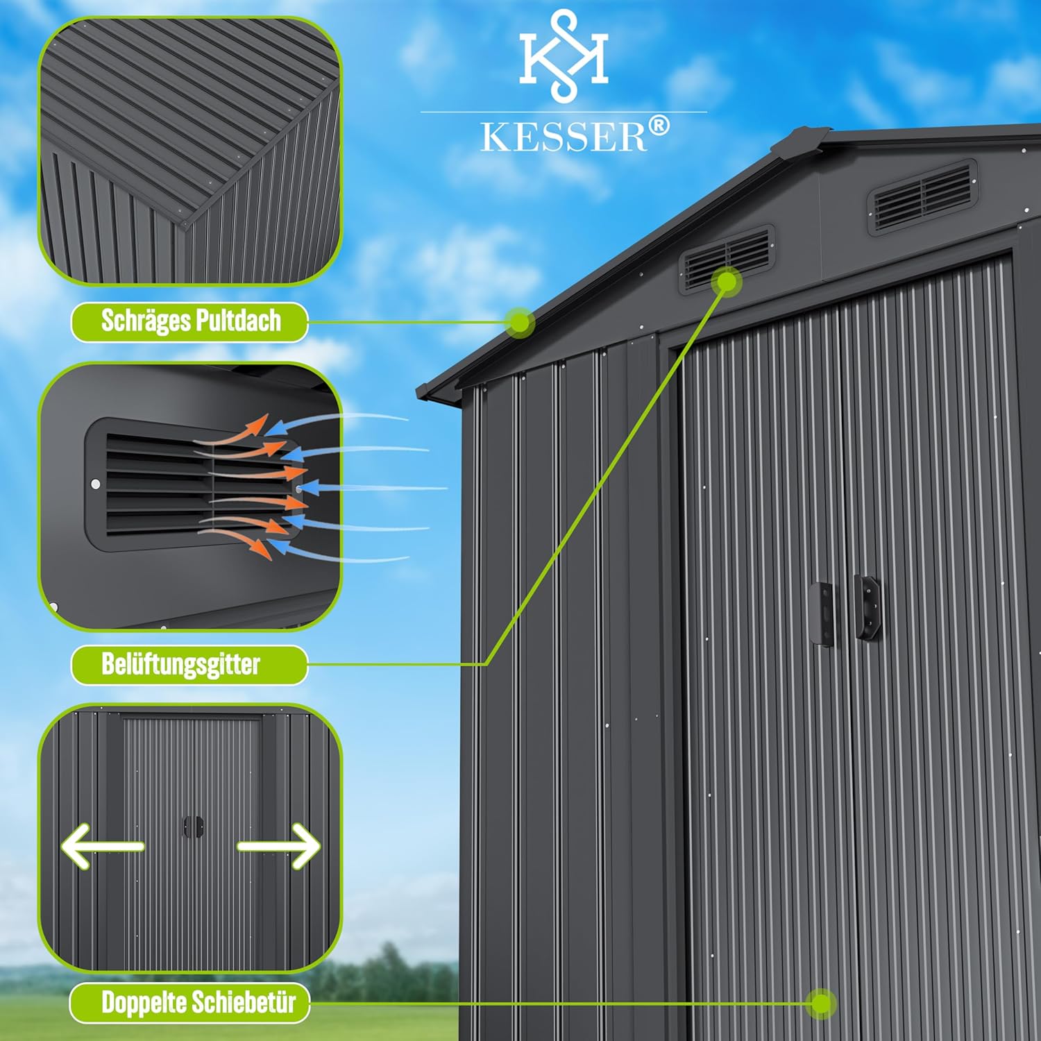 KESSER® XL Metall‑Gerätehaus 4,2 m³ – 2‑fach Schiebetür, Fundament inkl., Satteldach