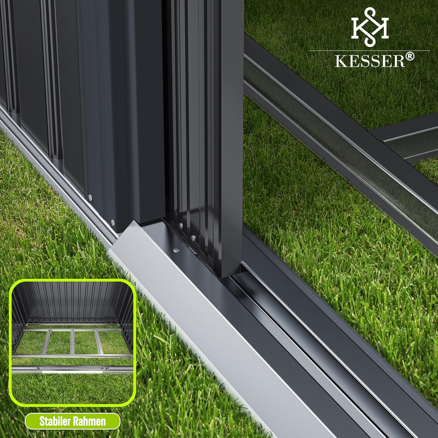 KESSER® XL Metall‑Gerätehaus 4,2 m³ – 2‑fach Schiebetür, Fundament inkl., Satteldach