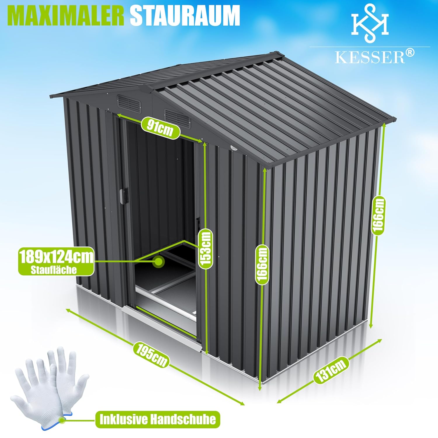 KESSER® XL Metall‑Gerätehaus 4,2 m³ – 2‑fach Schiebetür, Fundament inkl., Satteldach