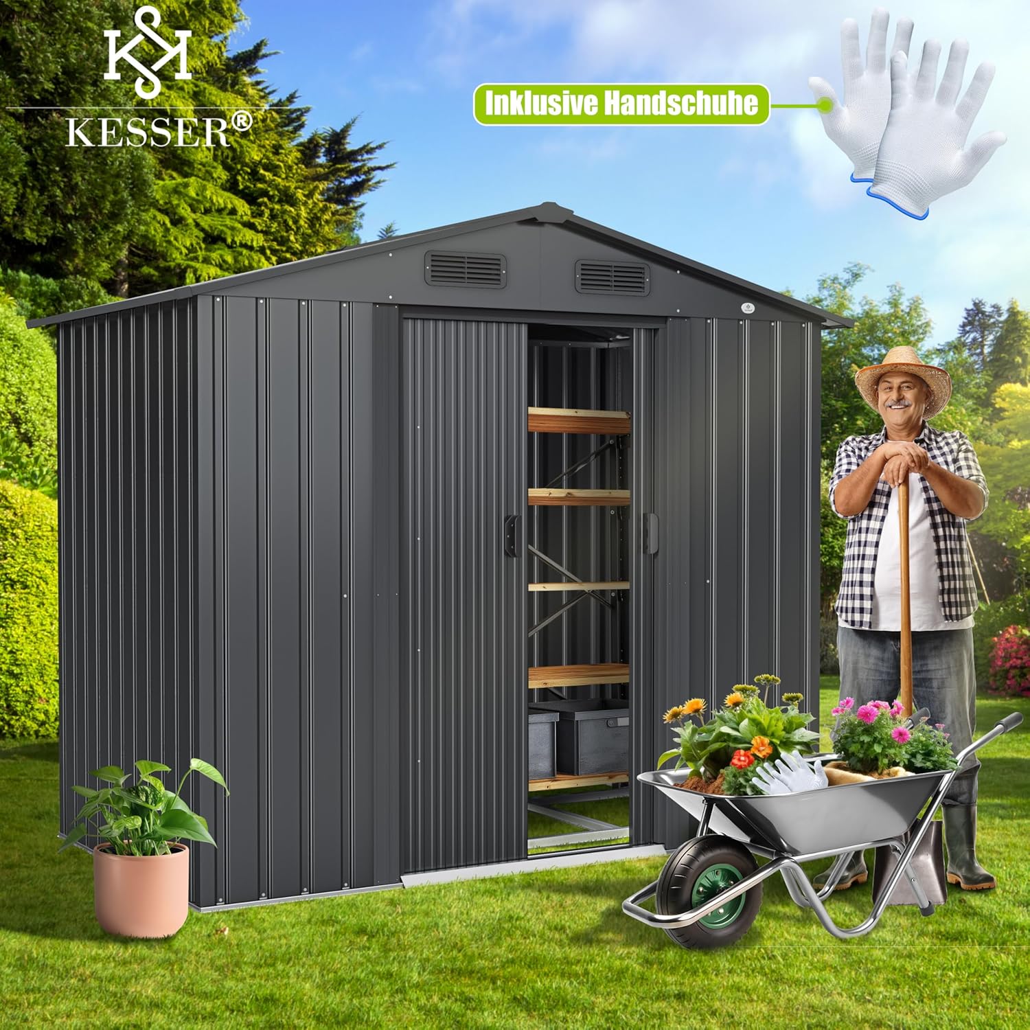 KESSER® XL Metall‑Gerätehaus 4,2 m³ – 2‑fach Schiebetür, Fundament inkl., Satteldach