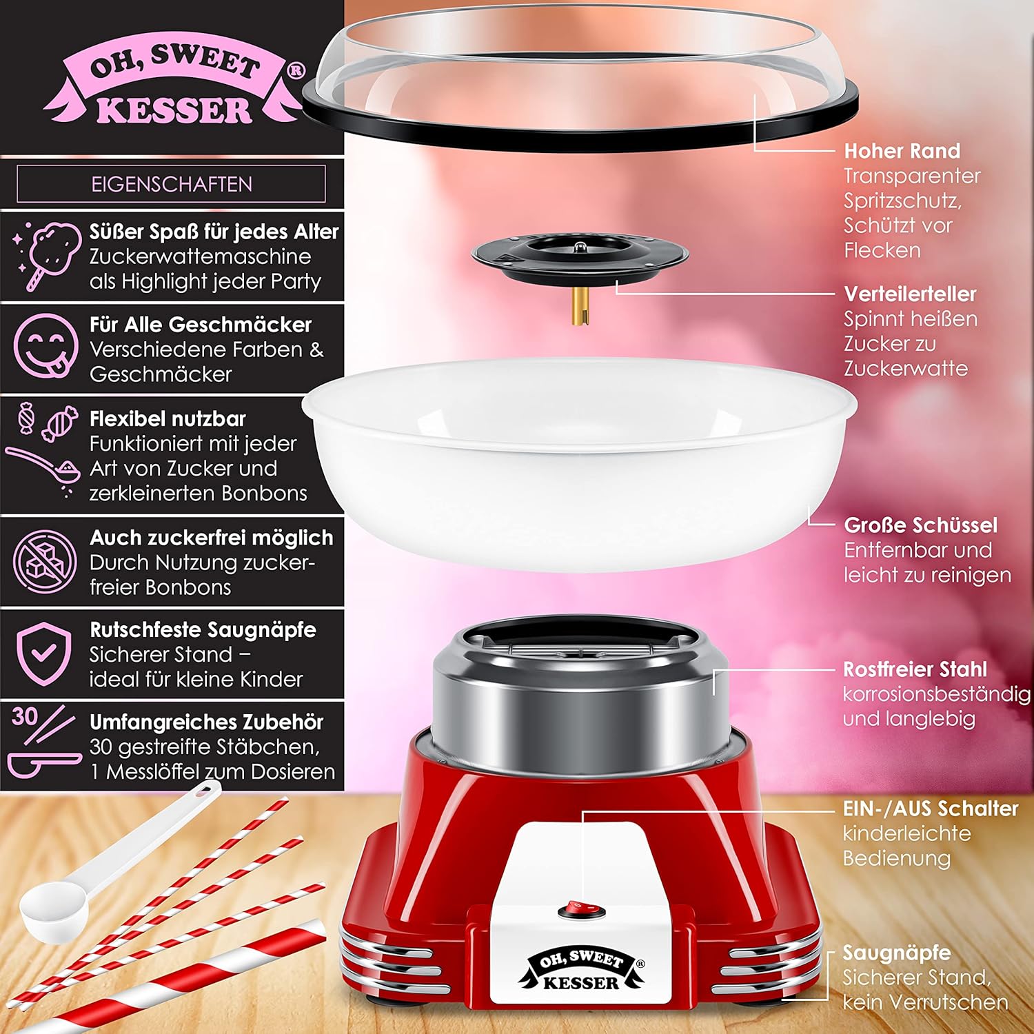 KESSER Zuckerwattemaschine 30 Stäbchen + Messlöffel Retro‑Design 22 cm