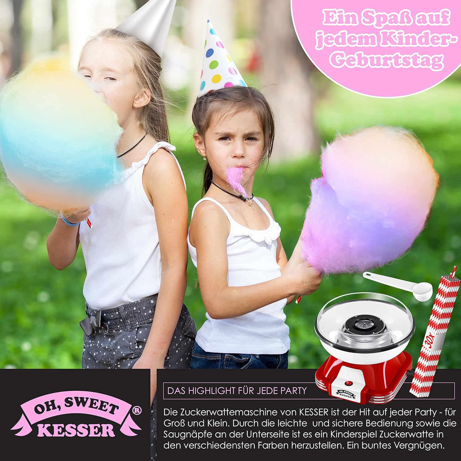 KESSER Zuckerwattemaschine 30 Stäbchen + Messlöffel Retro‑Design 22 cm