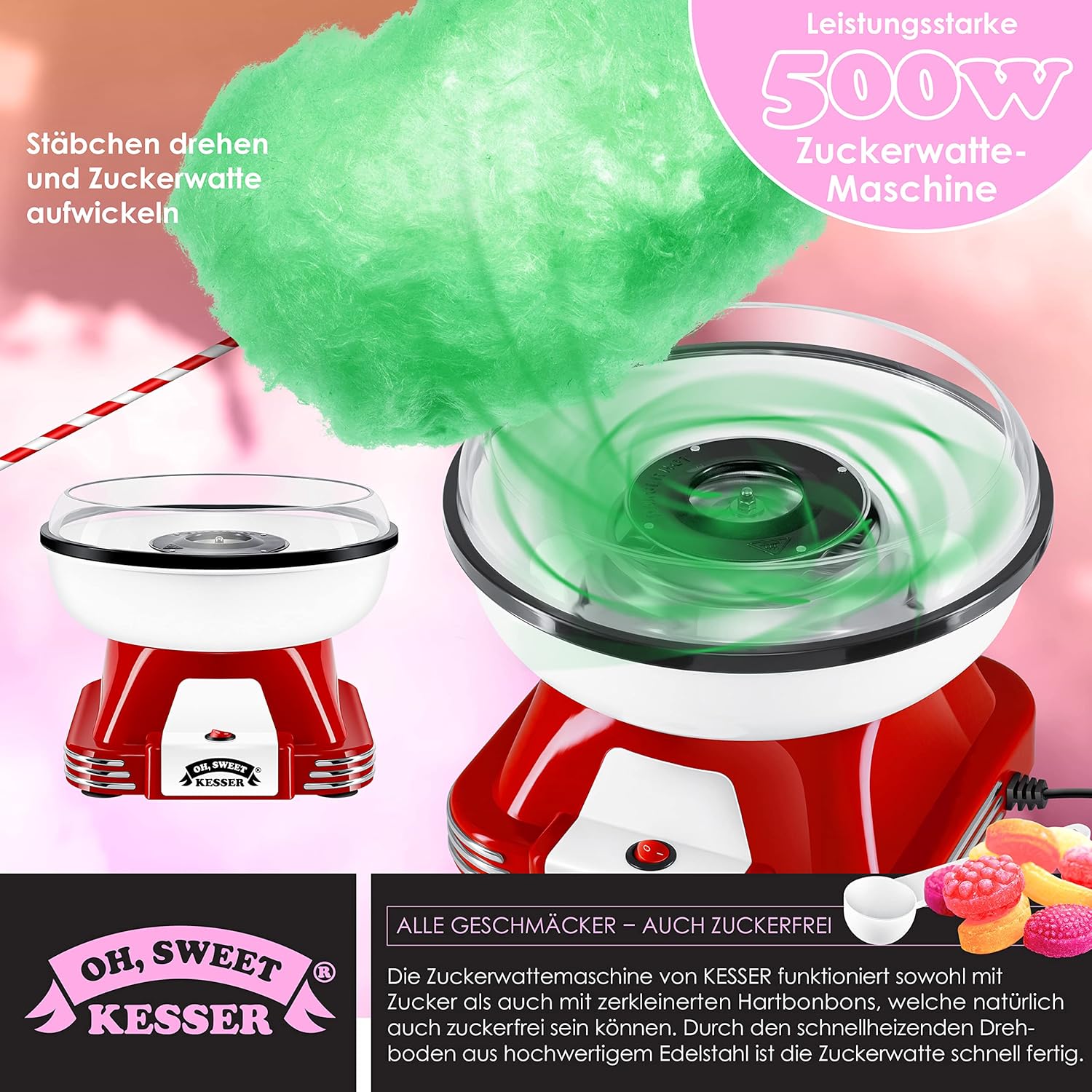 KESSER Zuckerwattemaschine 30 Stäbchen + Messlöffel Retro‑Design 22 cm