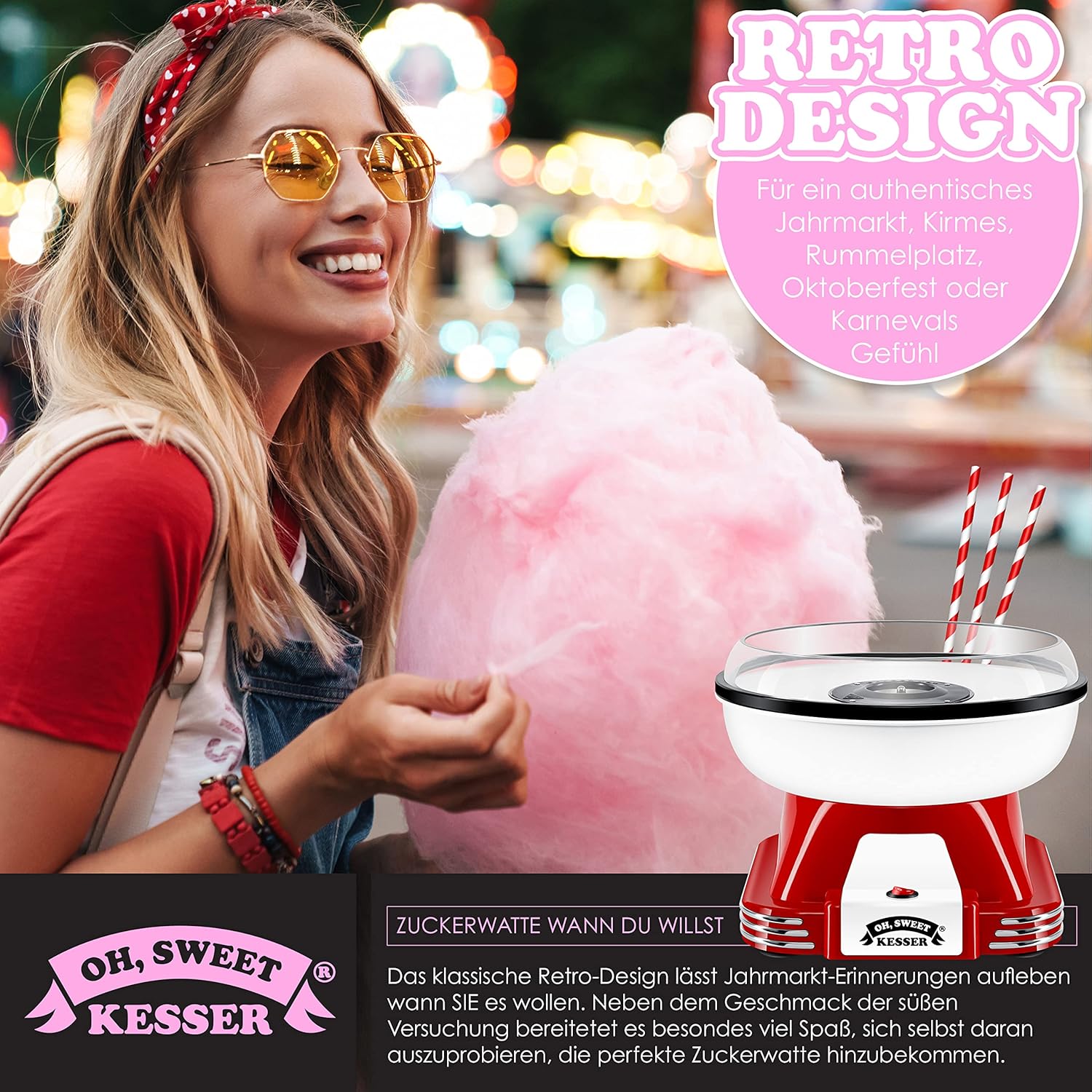 KESSER Zuckerwattemaschine 30 Stäbchen + Messlöffel Retro‑Design 22 cm